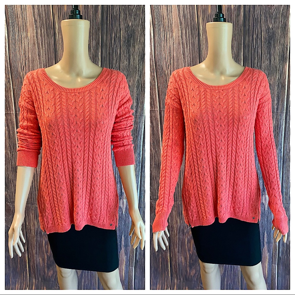 American Eagle Outfitters size large salmon pink knit braided boho sweater - Picture 1 of 16